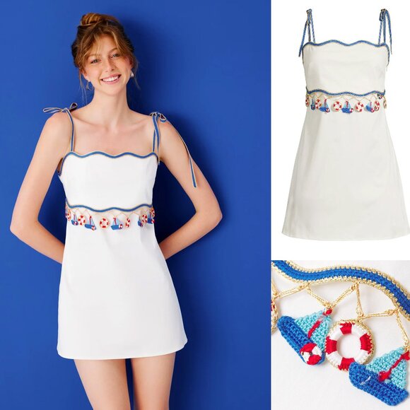 My Beachy Side Muse WHITE NAUTICAL CROCHET SAIL BOAT MINI DRESS LARGE NWT L - Picture 1 of 11